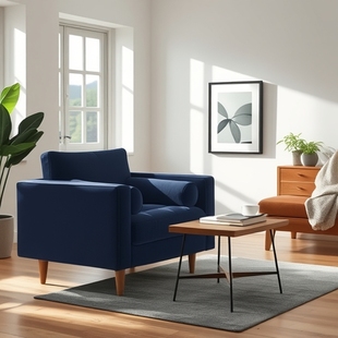 Casual Modern Dark Blue Suede Single Sofa Solid Wood Foot Comfortable Armchair Living Room Leisure Chair