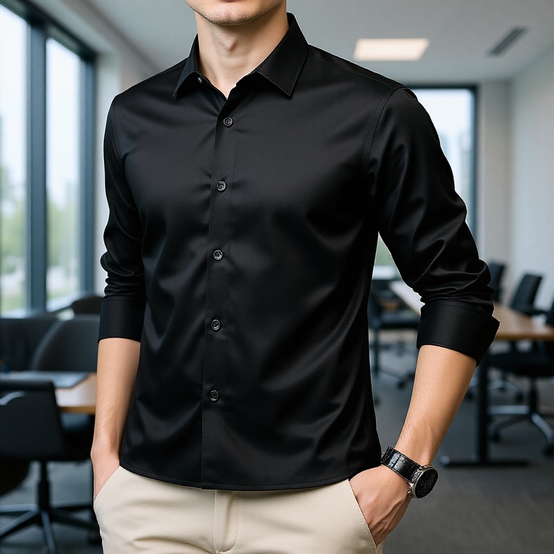 Spring and Autumn Men's Shirt Long-sleeved Solid Color Silk Satin Non-ironing Business Casual Shirt Men's Square Collar Professional Tooling