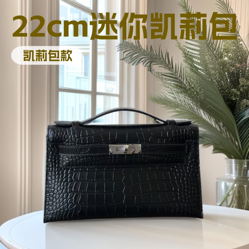 2025 22cm Small Square Bag Versatile Crocodile Pattern Kelly Bag Women's Casual Shoulder Crossbody Handbag Accessible Luxury