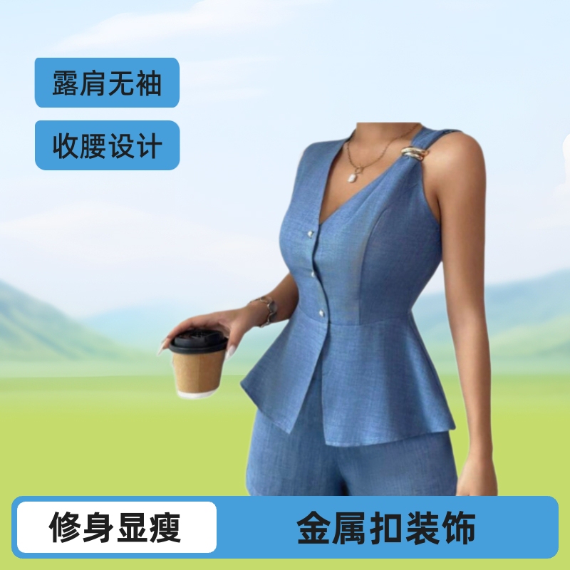 2026 New Style Set with Metal Buckle Decoration, Sleeveless Shirt, Waist-Cinching Hem, Slim-Fit Top, Elegant and Professional Look, Shorts