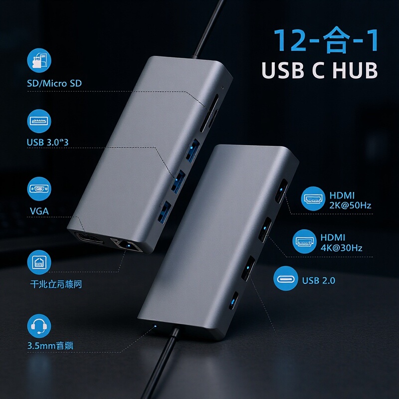 Customized Type-C Twelve-In-One Gigabit Expansion Hub Hub for Laptops with USB Multi-Function