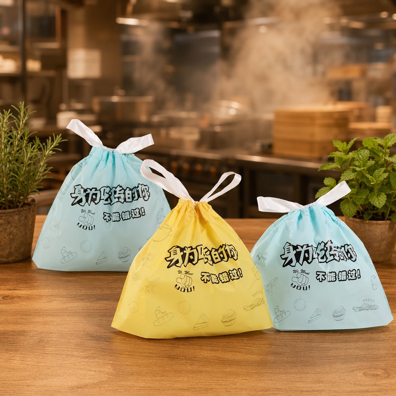Cartoon Takeout Disposable Packaging with Rice Stores and Delivery Waterproof Packaging Bags Satchel Thickeneded Catering Drawstring Flap Pocket Pantss