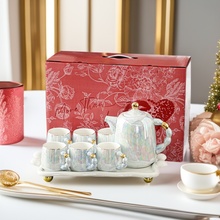 水具套装家用酒店轻奢手绘珠光带托盘礼盒一壶六杯礼盒套装