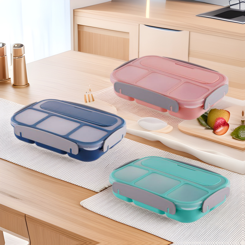 Amazon caja de almuerzo con aislamiento de cuatro rejillas horno de microondas estudiante simple caja de almuerzo de estilo japonés lonchera de plástico rectangular