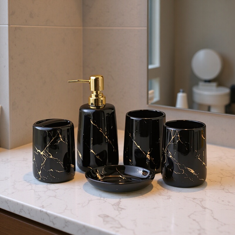 Black Imitation Marble Ceramic Bathroom Accessories Set Amazon Foreign Trade Export Ceramic Soap Dispenser Mouthwash Cup
