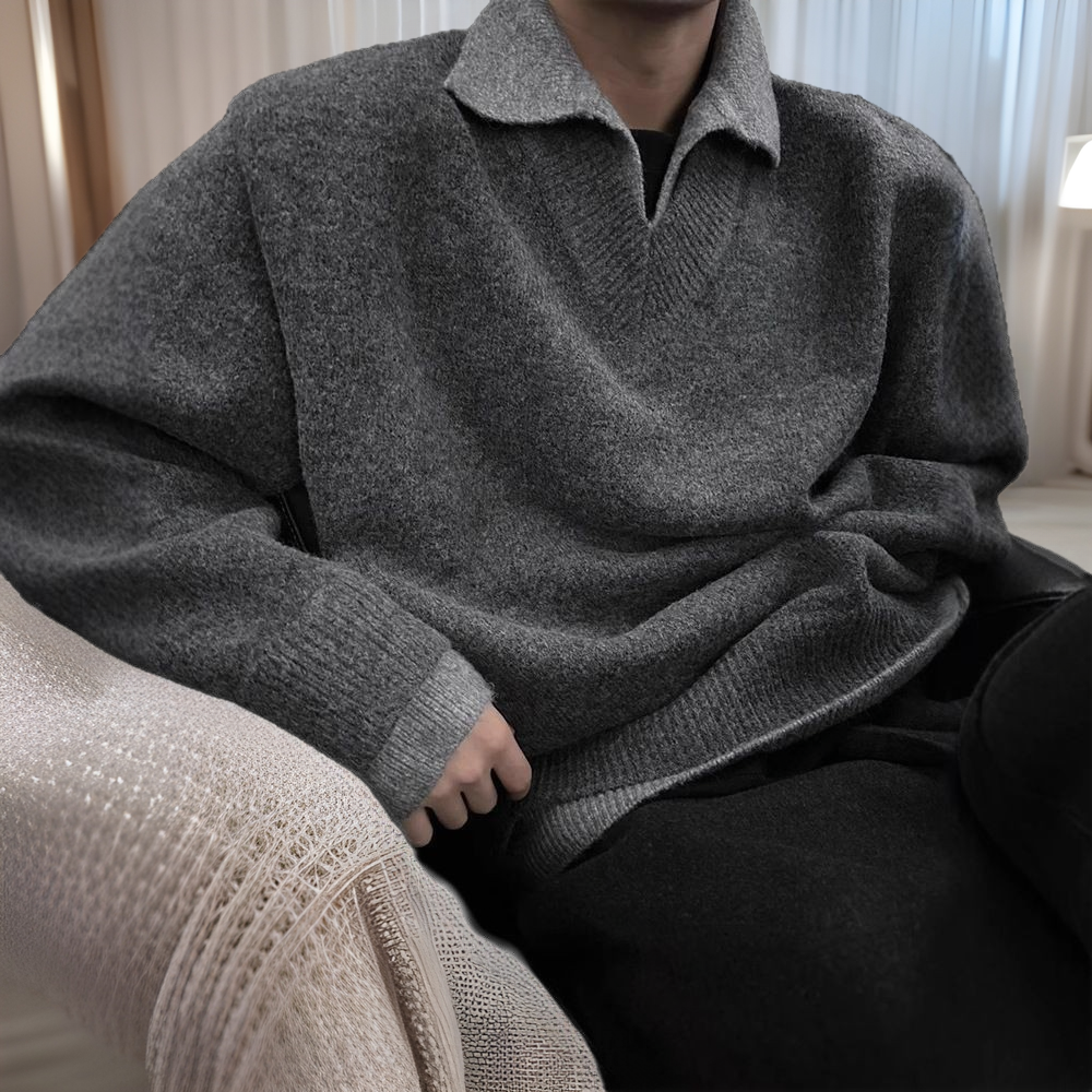 Vintage Fake Two-Piece V-Neck dark gray Laps Sweater Ins Heavy Lazy Loose Knitted Top Coat Base