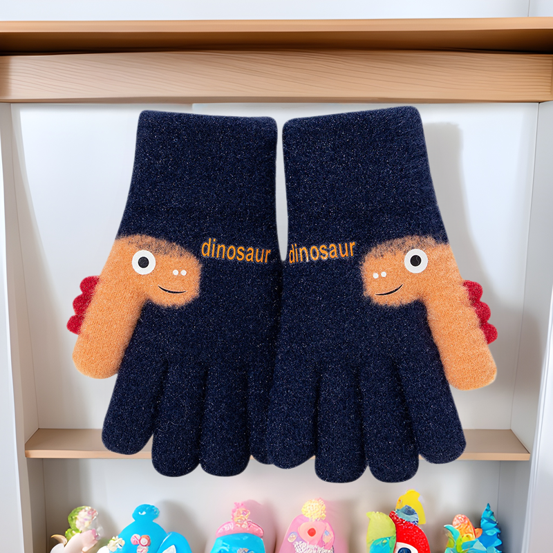 Cartoon Dinosaur Men's Middle-aged Children's Outdoor Cold-proof Thickened Warm Five-finger Knitted Winter Gloves for Primary School Students