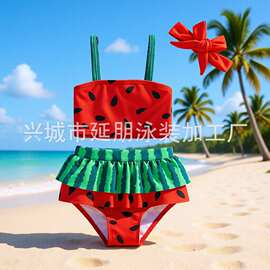 新款跨境分体泳装三件套女童泳衣儿童西瓜籽红发带婴幼儿游泳衣女