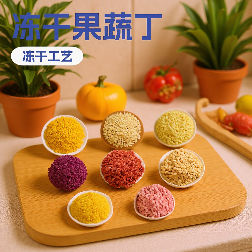 フリーズドライフルーツと野菜の角切り、焼き菓子、フルーツティー、フルーツ角切り、栄養補助食品、ペット用おやつ、フリーズドライ原料、卸売販売