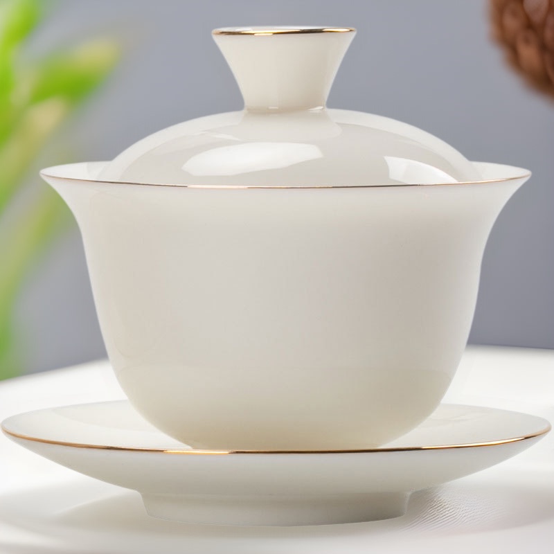 Dehua sheep fat jade white porcelain three-piece cover Bowl single set pure white gold high-end home living room Office Small size tea making Dehua sheep fat jade white porcelain three-piece cover Bowl single set pure white gold high-end home living room Office Small size tea making