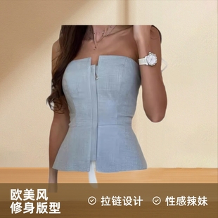 European and American Aliexpress Cross-Border 2024 Spring and Summer Slim-Fit Tops Sexy Zipper Tube Tops Women's European and American Style