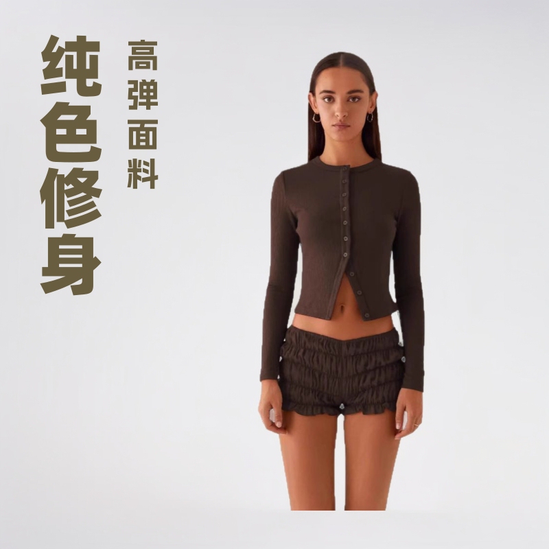 Ebay Cross-border European and American Women's 2025 Spring and Summer New Solid Color Slim-fit High-end Long Button Cardigan Top