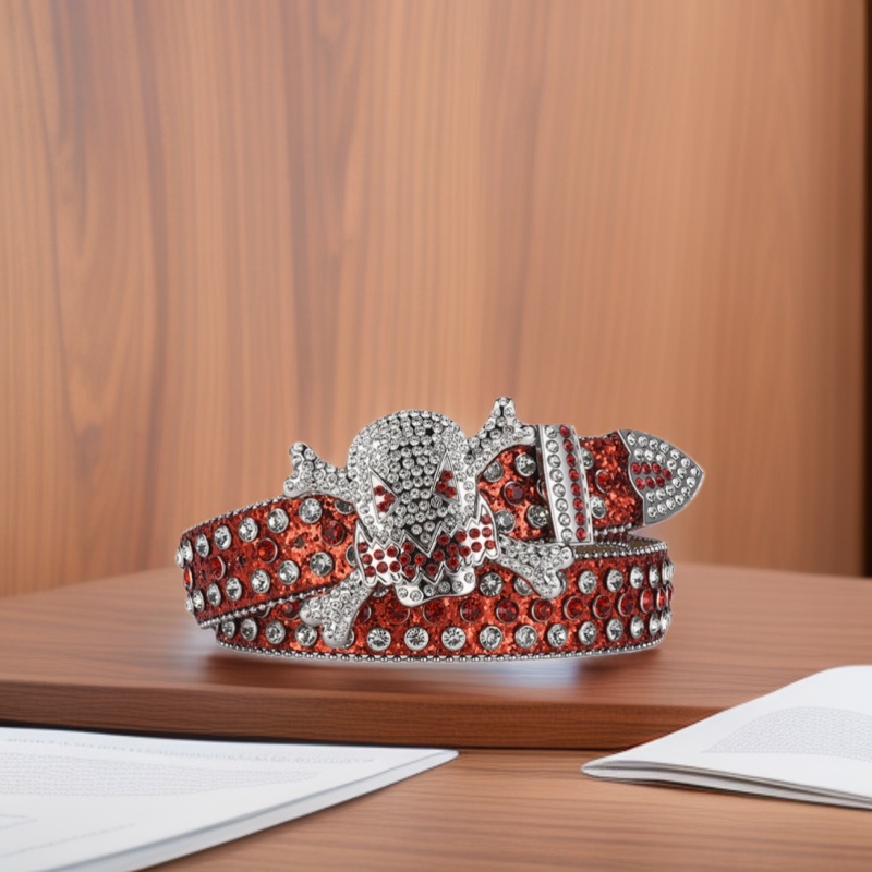 Hebilla de calavera, diamantes de imitación, cinturón de estilo punk de hip-hop masculino europeo y americano, cinturón de todo fósforo de moda personalizado, cinturón de diamantes completo para mujer