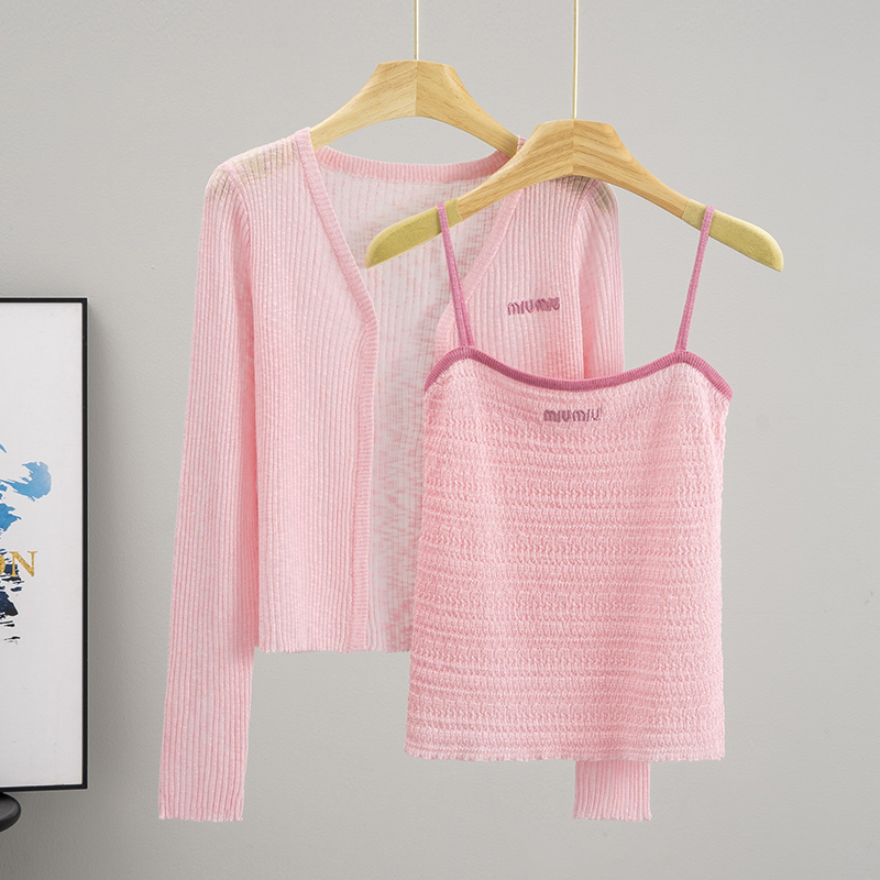 2025 Summer New Korean Style Sun-Protective Long-Sleeved Knitted Cardigan with Camisole Outerwear Two-Piece Set