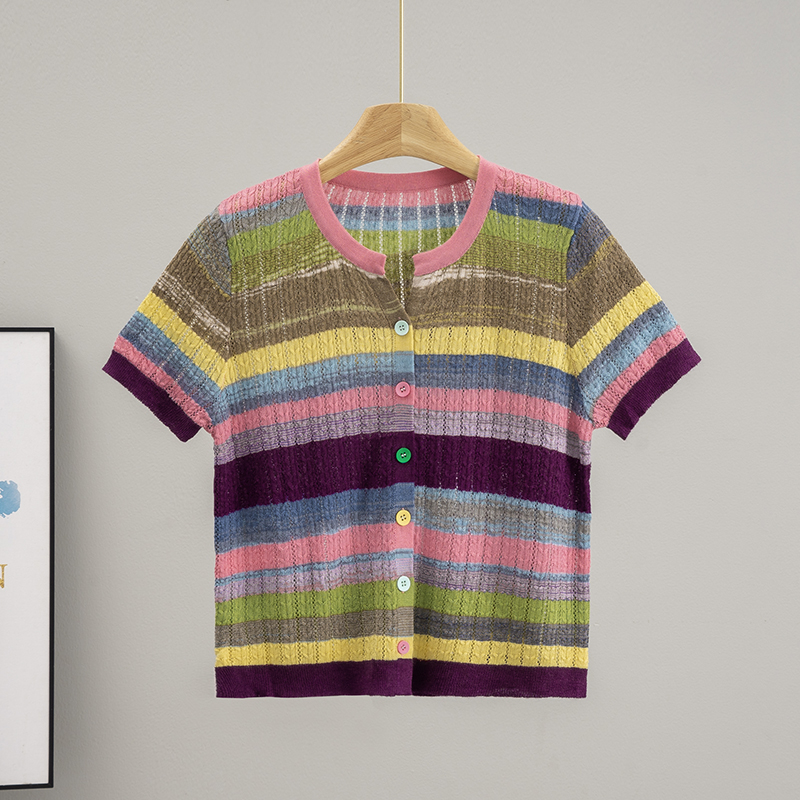 Rainbow Color-Blocked Striped Knit Cardigan, New Stylish Summer 2025 Base Layer Top