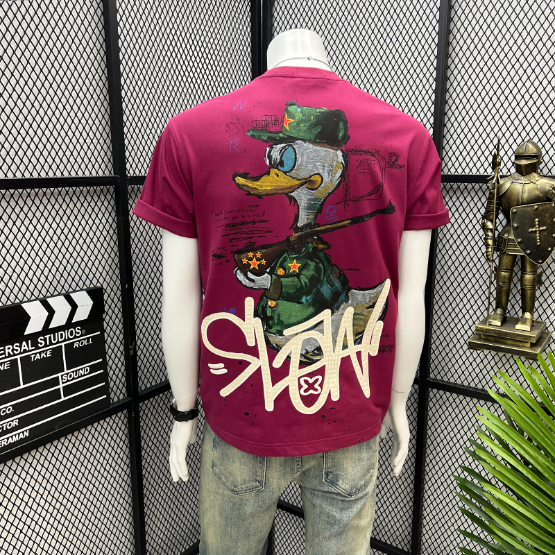 2025 Summer American-Style Trendy Brand T-Shirt with Fun Cartoon Print on the Back, Short-Sleeved, Loose Casual Top for Men ins T-Shirt