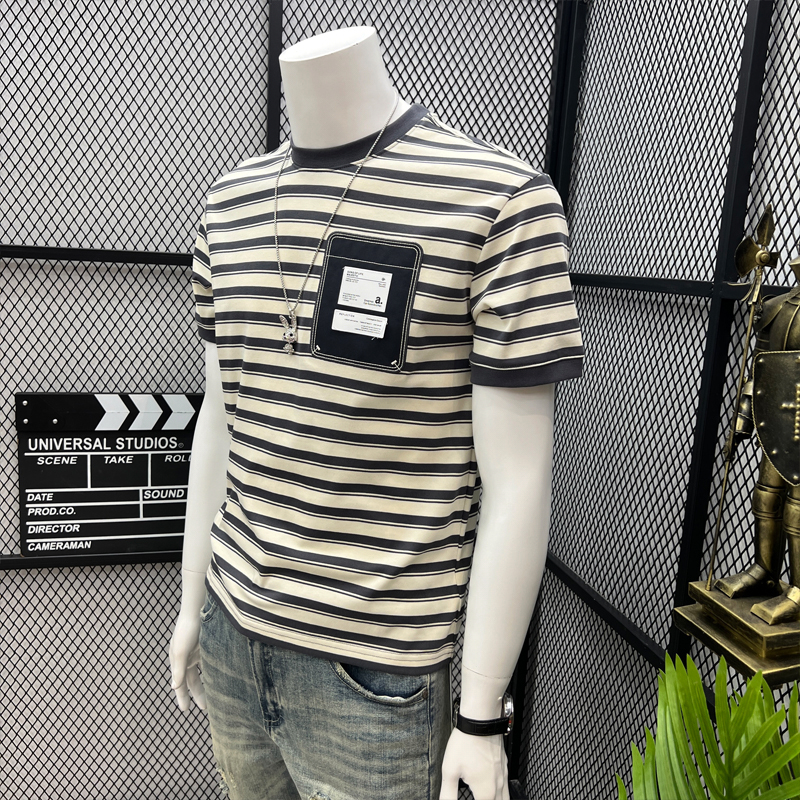 Patchwork T-Shirt for Men, Trendy Striped Short-Sleeve Summer Style, Cool Half-Sleeve 2025 New Model, Internet Celebrity Style Half-Sleeve Tee