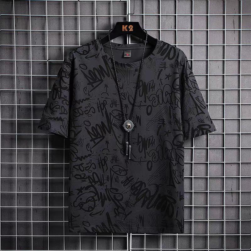 9.9 Graffiti Short-Sleeved T-Shirt for Work, Men's Loose Summer Ice Silk Half-Sleeved Plus Fat Plus Size Top
