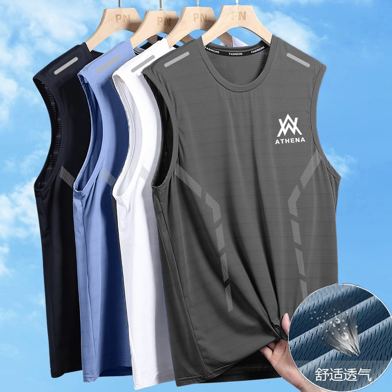 Ice Silk Vest T-Shirt Men's Summer Loose Sports Fitness Running Sweatshirt Quick-Drying Sleeveless Waistcoat Thin T-Shirt