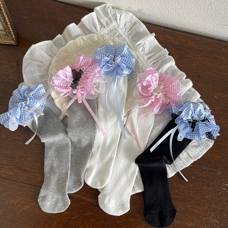 miu Korean Children's Socks Gingham Lace Bows Cute Female kids Baby Korean Stocking Stacked Stocking