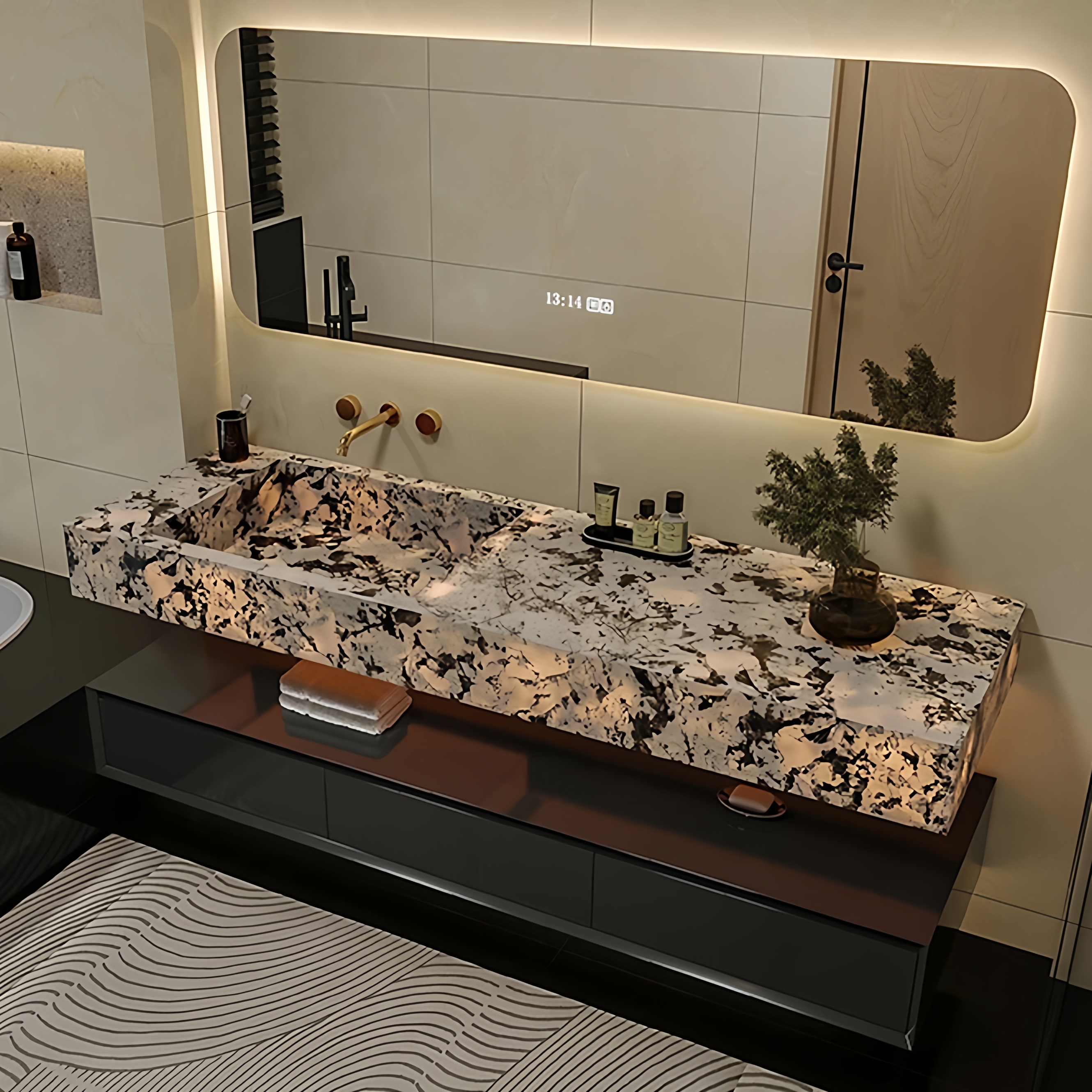 Hotel-Style Double-Layer Light Luxury Bathroom Cabinet Set with Luxury Stone Rock Slab Ceramic Integrated Basin Bathroom Sink Cabinet Set