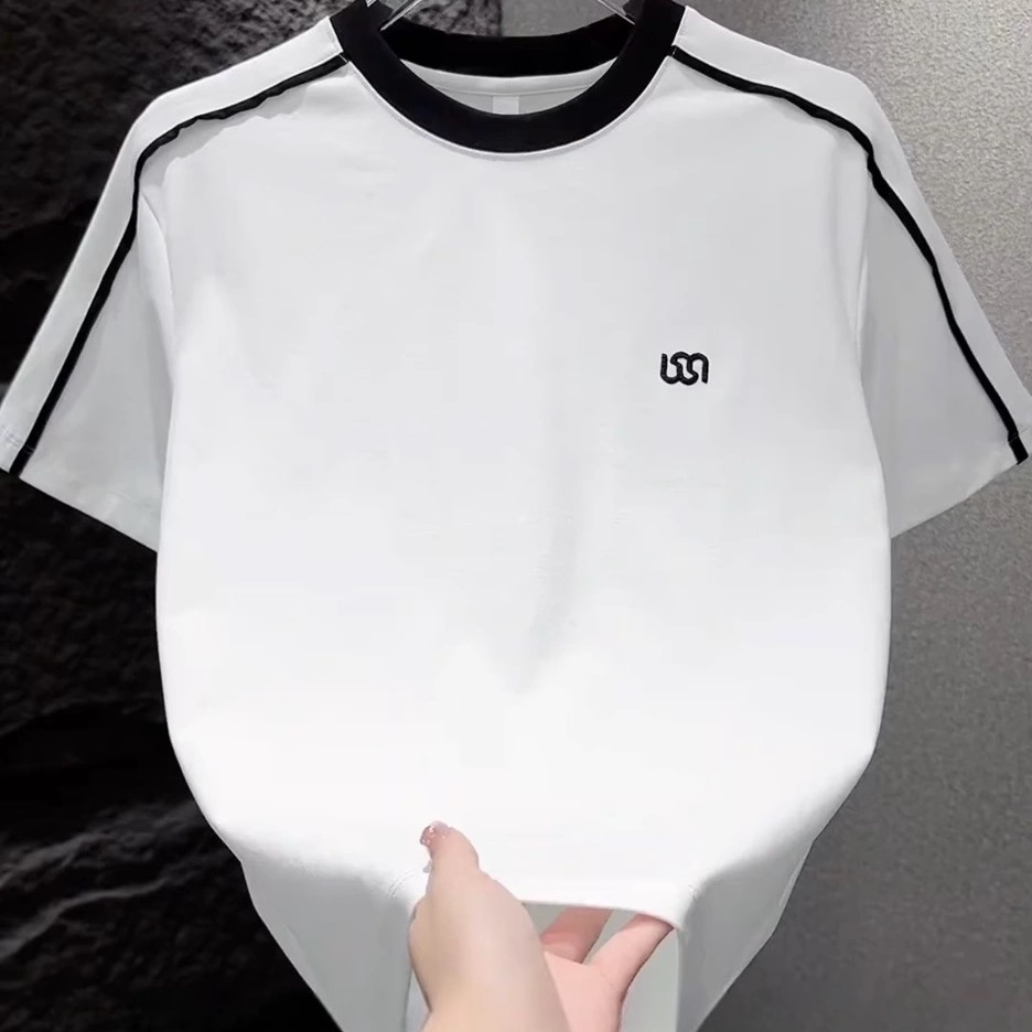 2025 Summer New Trendy Fashion Simple Color-Blocked T-Shirt Men's Round Neck Half-Sleeve Embroidered Casual Slim-Fit Short-Sleeve