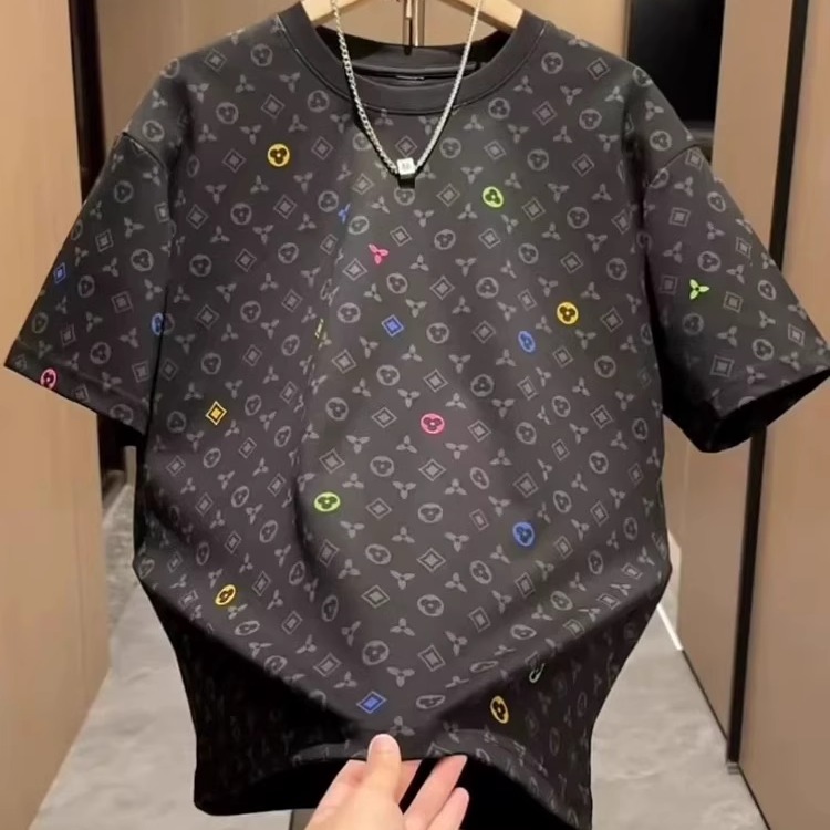 2025 Summer New Full-Print Vintage Short-Sleeve Men's Heavyweight T-Shirt Trendy Brand Versatile Crew Neck Top Cool and Stylish Base Shirt