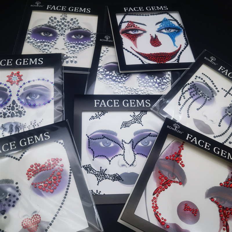 Halloween Face Stickers with Rhinestones for the Forehead, Dark Eye Makeup, Masquerade Clown Makeup, Face Decoration