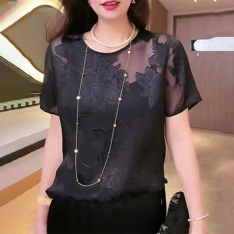 Black Round Neck Slightly Sheer Floral Short-Sleeve 2025 Summer New High-End Designer Super Pretty Plus Size Thin T-Shirt for Women