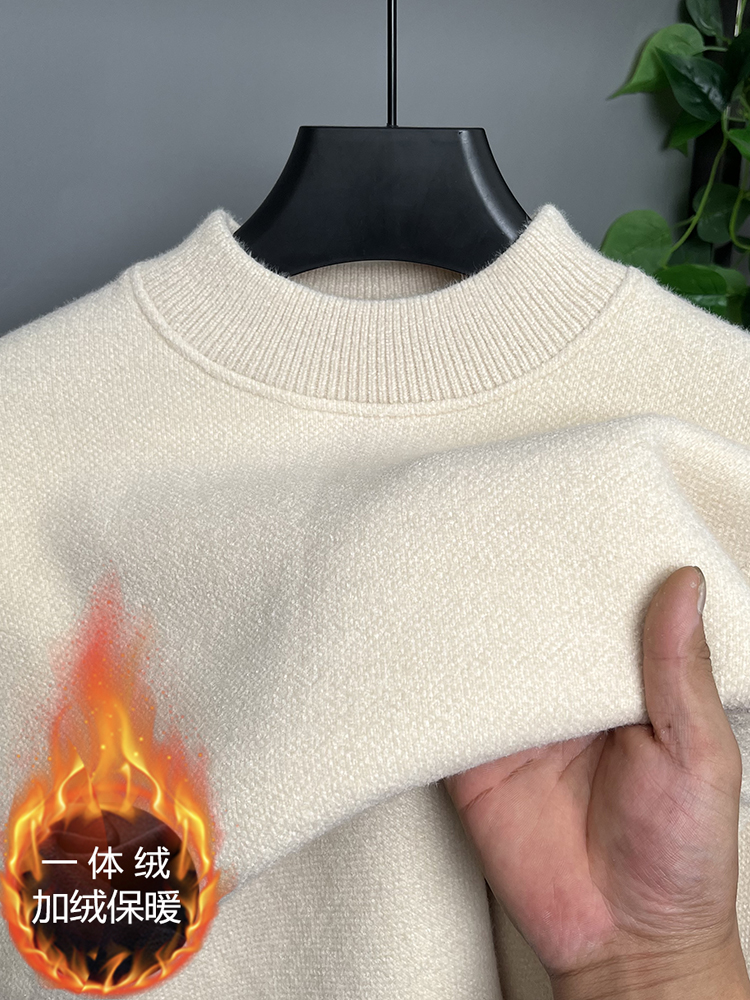 One-Piece Fleece Sweater for Men, Winter Warm Chenille Fleece-Lined Thick Knitted Half-Turtleneck Pullover Base Shirt