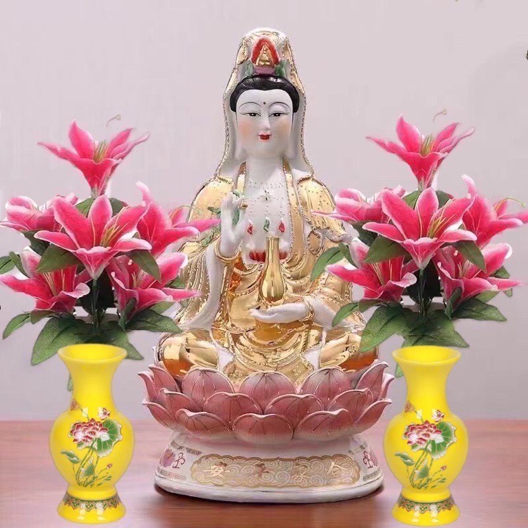 Hoa huệ hồng đậm 2 bó/chai gốm vàng 2 chiếc