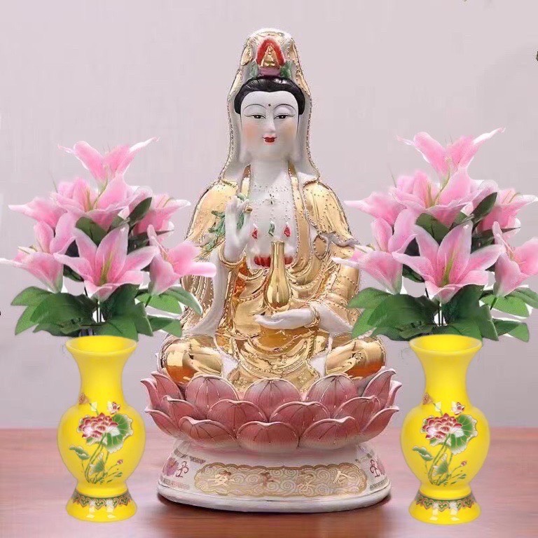 Hoa huệ hồng nhạt 2 bó/chai gốm vàng 2 chiếc