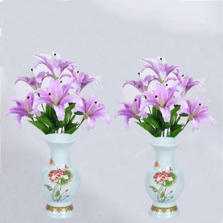 Hoa huệ tím 2 bó/chai gốm trắng 2 chiếc