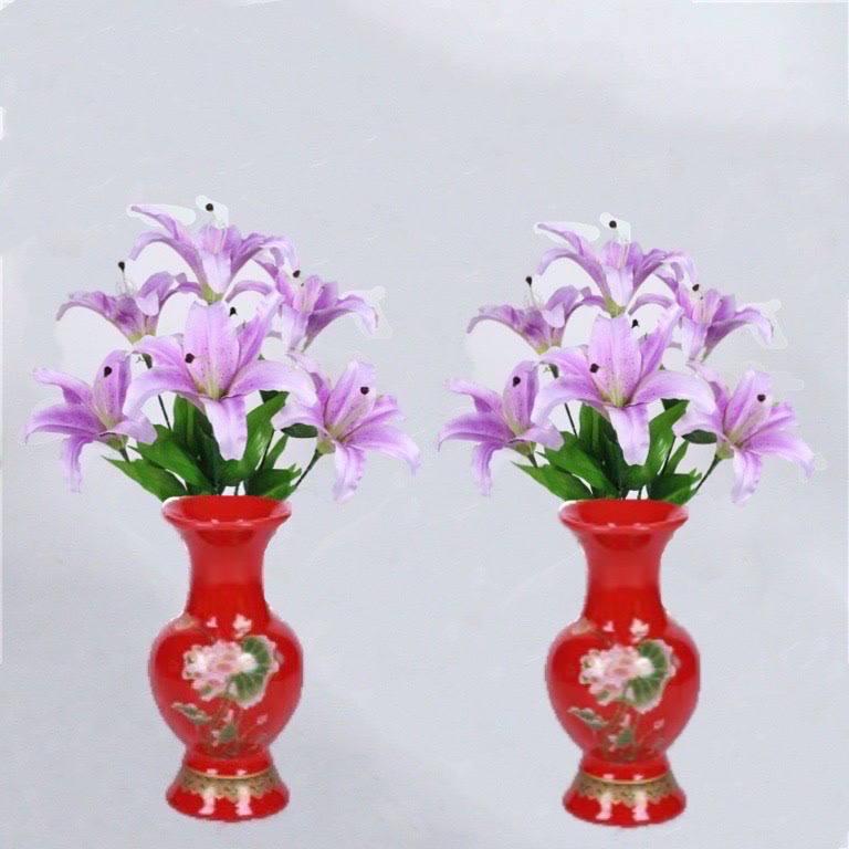 Hoa huệ tím 2 bó/chai gốm đỏ 2 chiếc