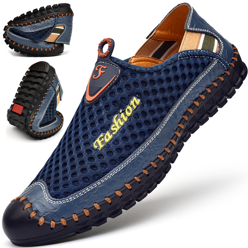 Summer Breathable Genuine Leather Men's Casual Mesh Sandals, Slip-On Lazy Mesh Travel Shoes