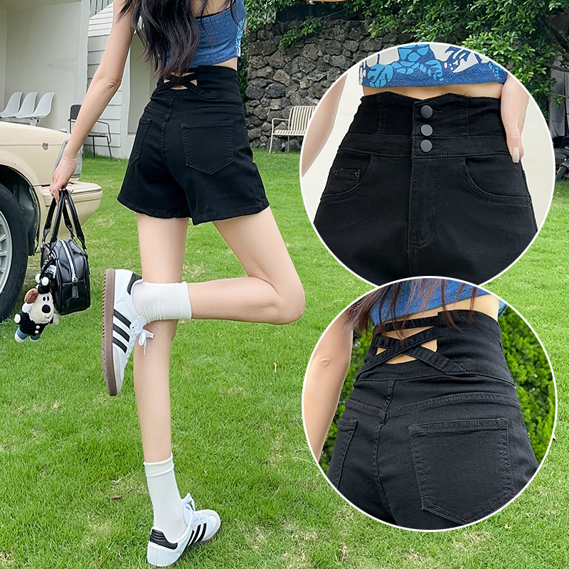 Black Denim Shorts for Women, A-Line Wide-Leg, Pear-Shaped, Slimming, Summer Thin Style, Button-Up, Tummy-Covering, High-Waisted Three-Quarter Pants