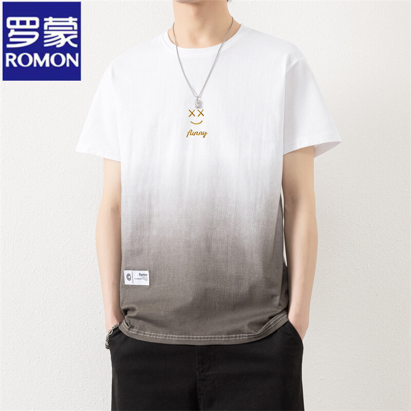 Romon Pure Cotton Short-Sleeve T-Shirt for Men, Popular Summer Round-Neck Gradient Half-Sleeve T-Shirt, Trendy Loose Top for Boys