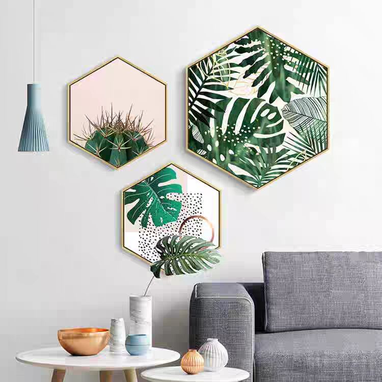 Fresh and Modern Minimalist Green Plant Hexagonal Decorative Painting for the Living Room, Combination Hanging Painting, Nordic Dining Room Wall Art