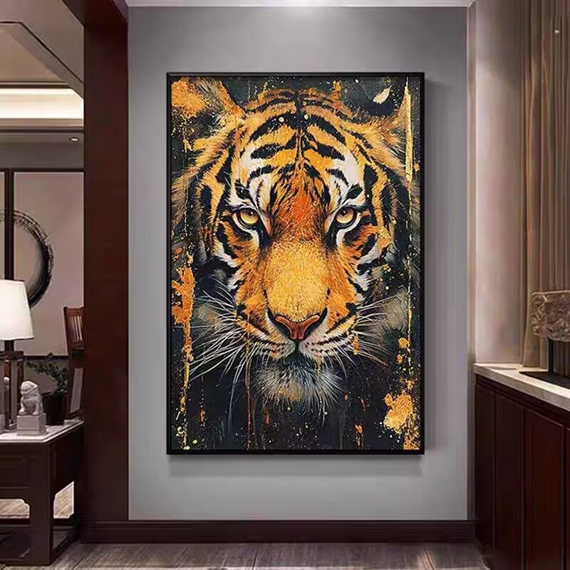 Tiger Painting Hanging on the Wall, Picture of a Fierce Tiger Descending from the Mountain, Lion Climbing the Mountain, Oil Painting, Office Mural, Entrance Hall, Living Room, Tiger Head Decorative Painting