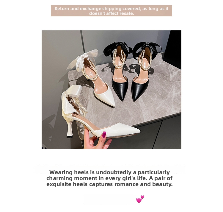 Women's French Style Elegant High Heels Pointed Toe Hollow Pearl Chain Bow Stiletto Pumps White Wedding Shoes Chunky Heel Plus Size_vogvips.com