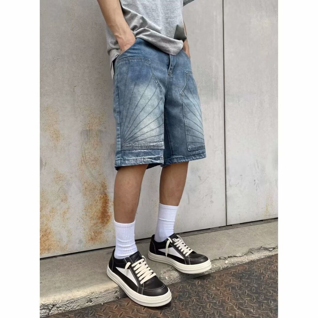 Men's Distressed Patchwork Denim Shorts Loose Fit Low Waist Blue_voghion.com