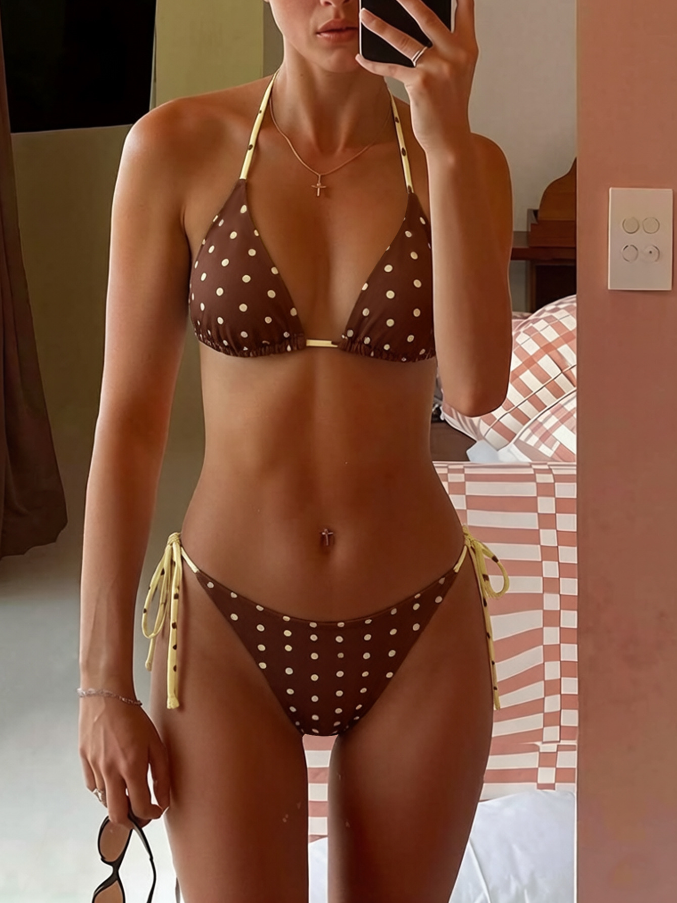 Polka Dot Triangle Tie-Front Bikini Set, Adjustable Sexy Two-Piece Swimsuit For Women, Retro Beachwear_ecoleips.com