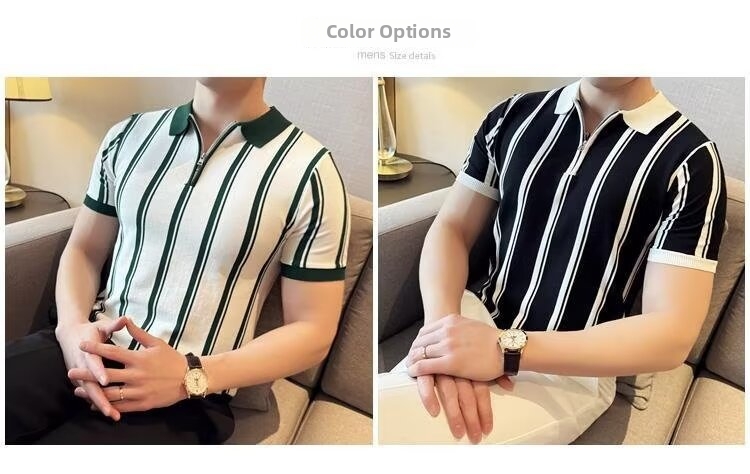 Men's Half Zip Polo Shirt Contrast Color Striped Short Sleeved Summer Trend Slim Fit Lapel Elegant Light Mature T-Shirt_viptrois.com