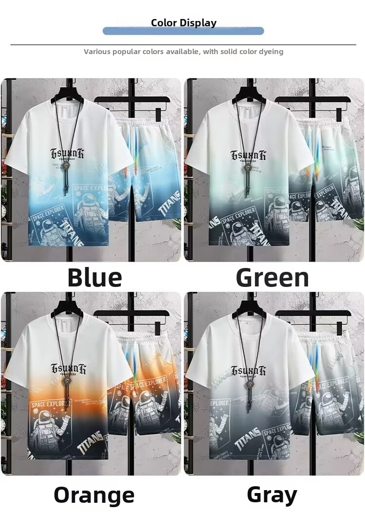 Men's Gradient Color Ice Silk Casual Set - Fashion Short Sleeve & Sport Shorts Two-Piece Outfit_viptrois.com