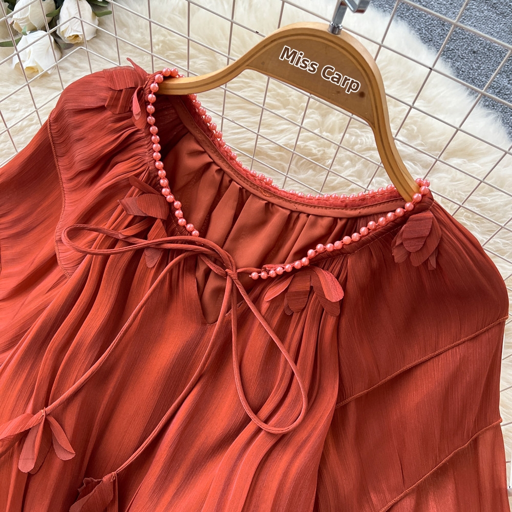 Elegant Pleated Dress for Women Belted Waist A-Line Skirt Orange Color Summer Style High End Feel Full Skirt_ecoleips.com