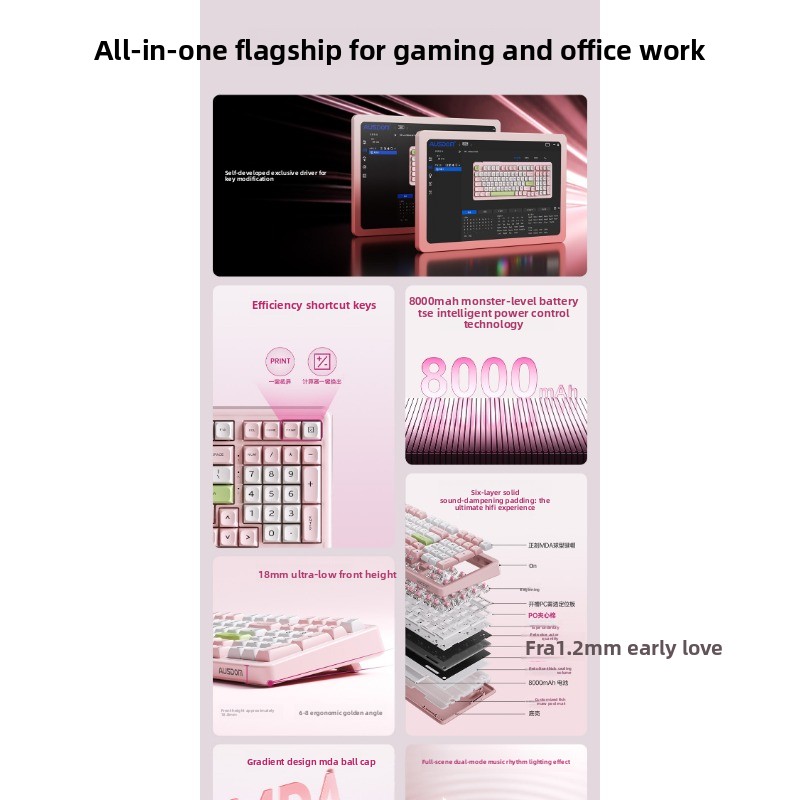 Clavier mécanique Asidun H98, sans fil, personnalisable, trois modes, Bluetooth, remplaçable à chaud, idéal pour les jeux e-sport, l'ordinateur et le bureau._voghion.com