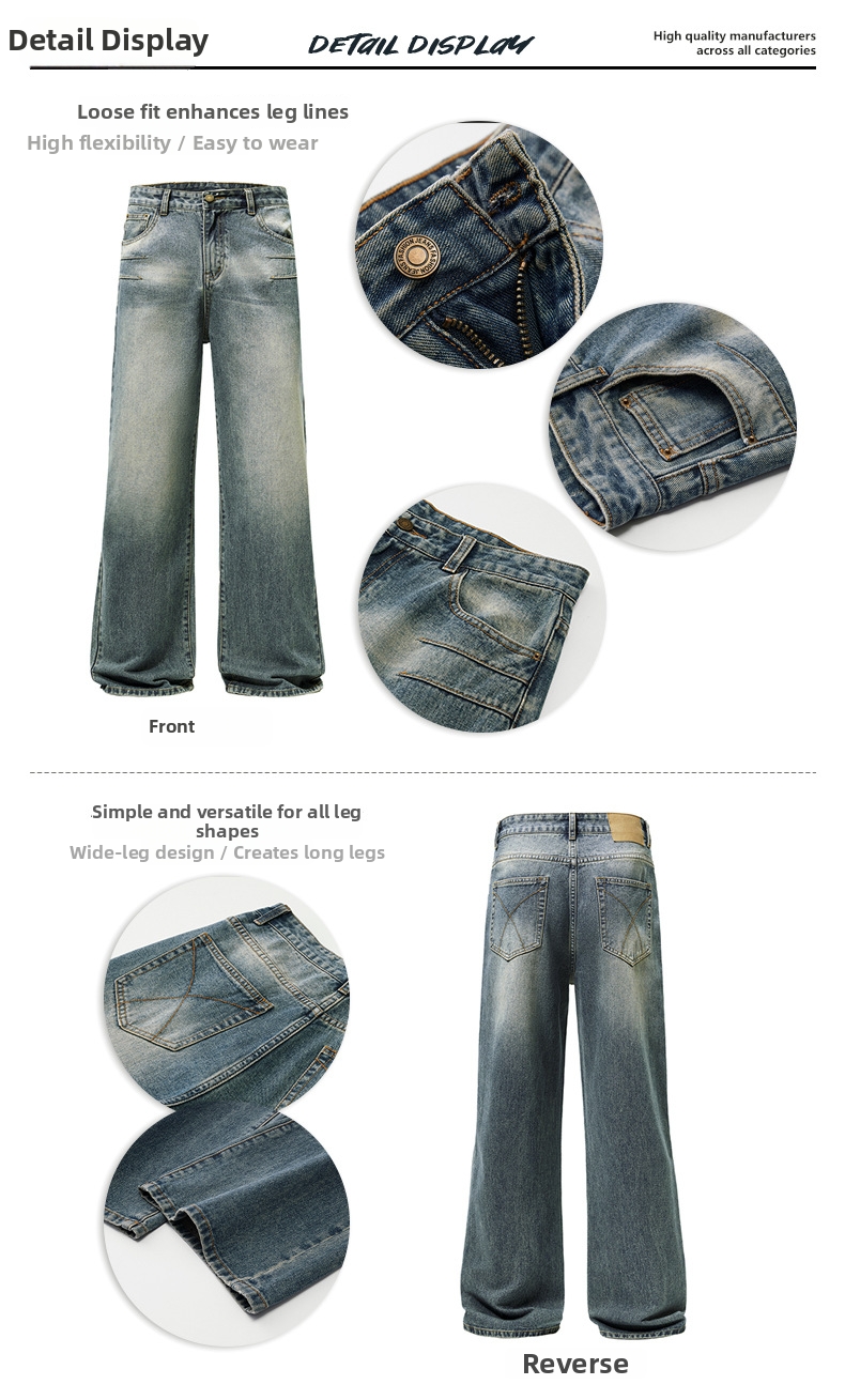 Vintage Washed Blue Clean Fit Men's Jeans Relaxed Straight Leg Comfortable Casual Pants_viptrois.com