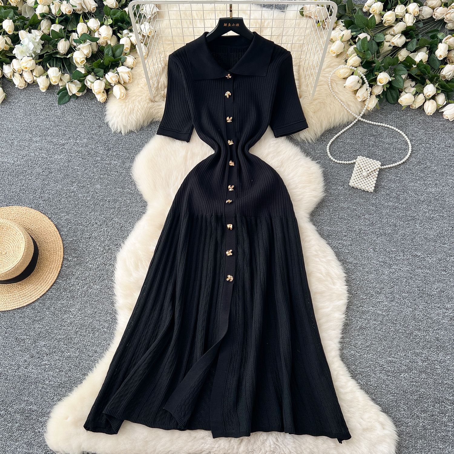 Women's French Retro Polo Collar Dress High End Waist Cinching Long Knit Metal Buckle Slim Fitting Short Sleeved_ecoleips.com