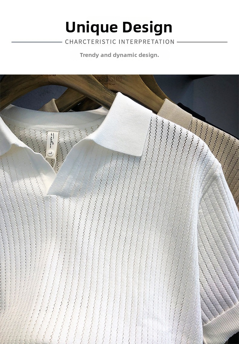 Herren Polo Shirt Elfenbeinweiß Eisseide Strick Kurzarm_voghion.com