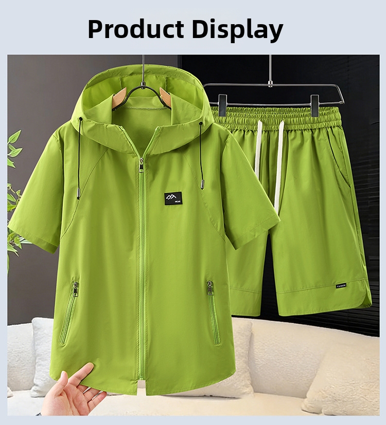 Men's Plus Size Quick Drying Sports Suit Summer Loose Fit Hooded Short Sleeve T-Shirt And Shorts Set_viptrois.com